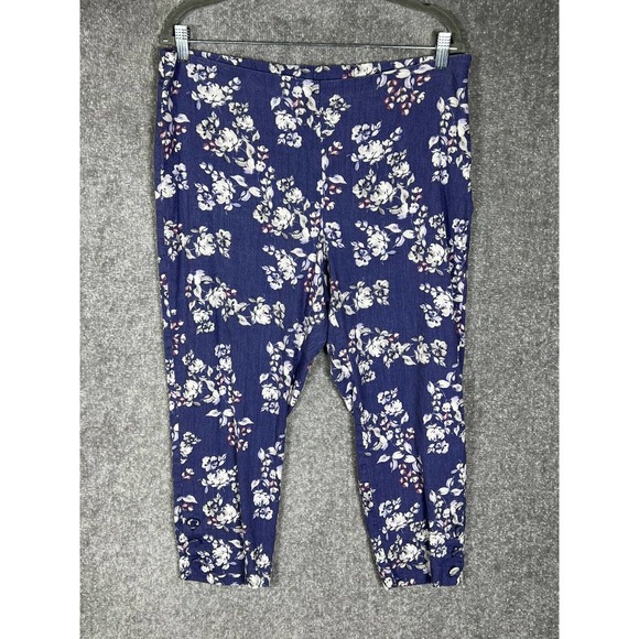 J Jill Linen Viscose Stretch Crop Pants‎ Womens Size Large Petite Purple Floral - Picture 1 of 10